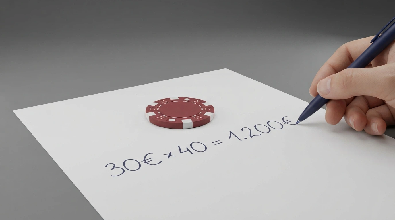 Ilustración del cálculo de un requisito de apuesta: bono de 30€ multiplicado por un rollover de x40