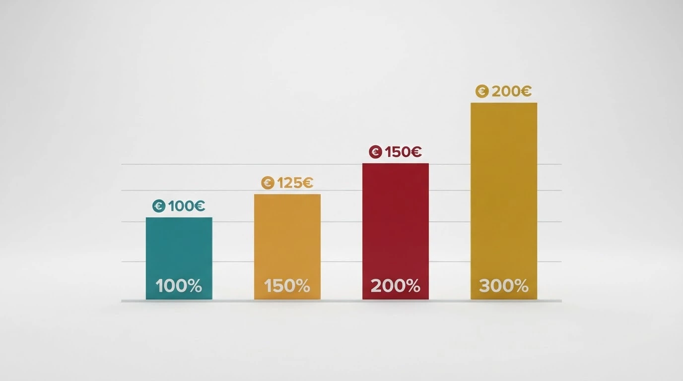 Gráfico de barras que compara cuatro porcentajes de bono (100%, 150%, 200%, 300%) con el saldo resultante para un mismo depósito de 50€
