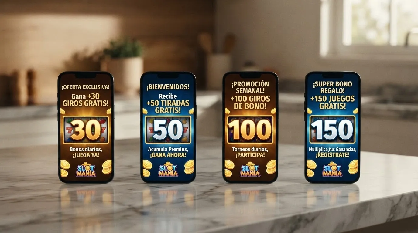 Cuatro teléfonos mostrando pantallas de casino con ofertas de 30, 50, 100 y 150 tiradas gratis, una al lado de la otra