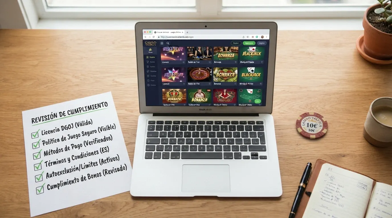 Una composición con los logotipos de los 10 casinos DGOJ revisados alineados sobre un fondo de escritorio con el dominio .es visible, junto a iconos de licencia, bono y verificación
