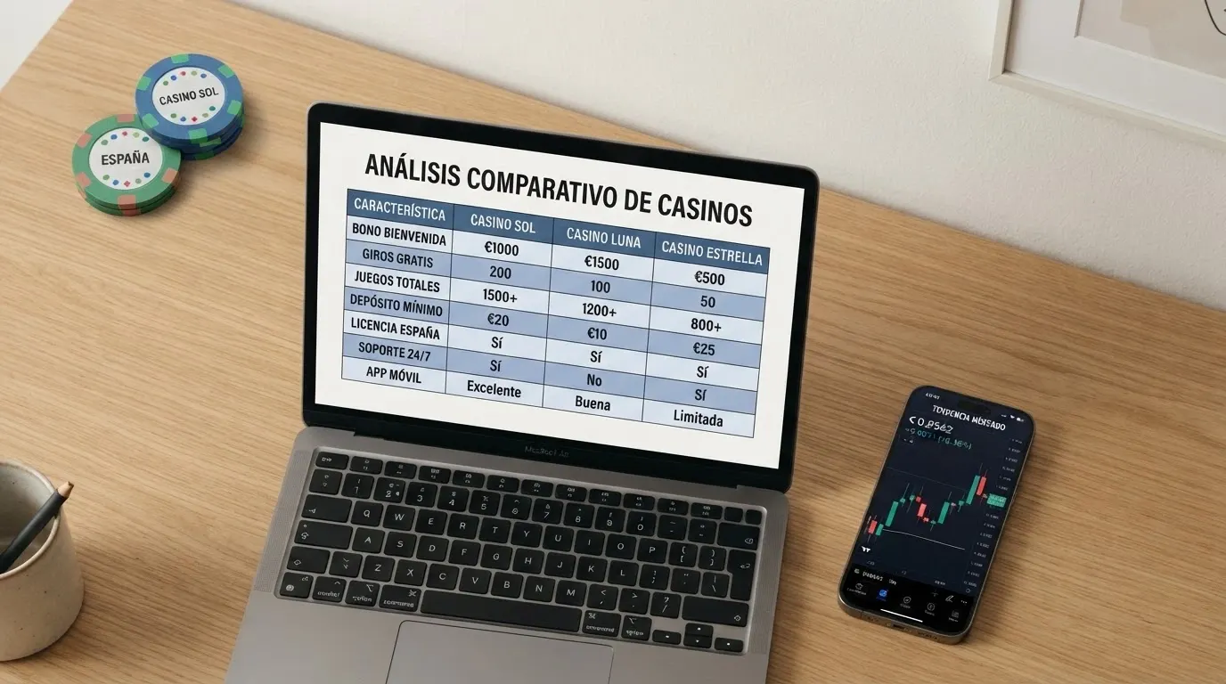 Vista cenital de una mesa con un portátil abierto mostrando una tabla comparativa de casinos y un teléfono al lado con gráficos de criptomonedas