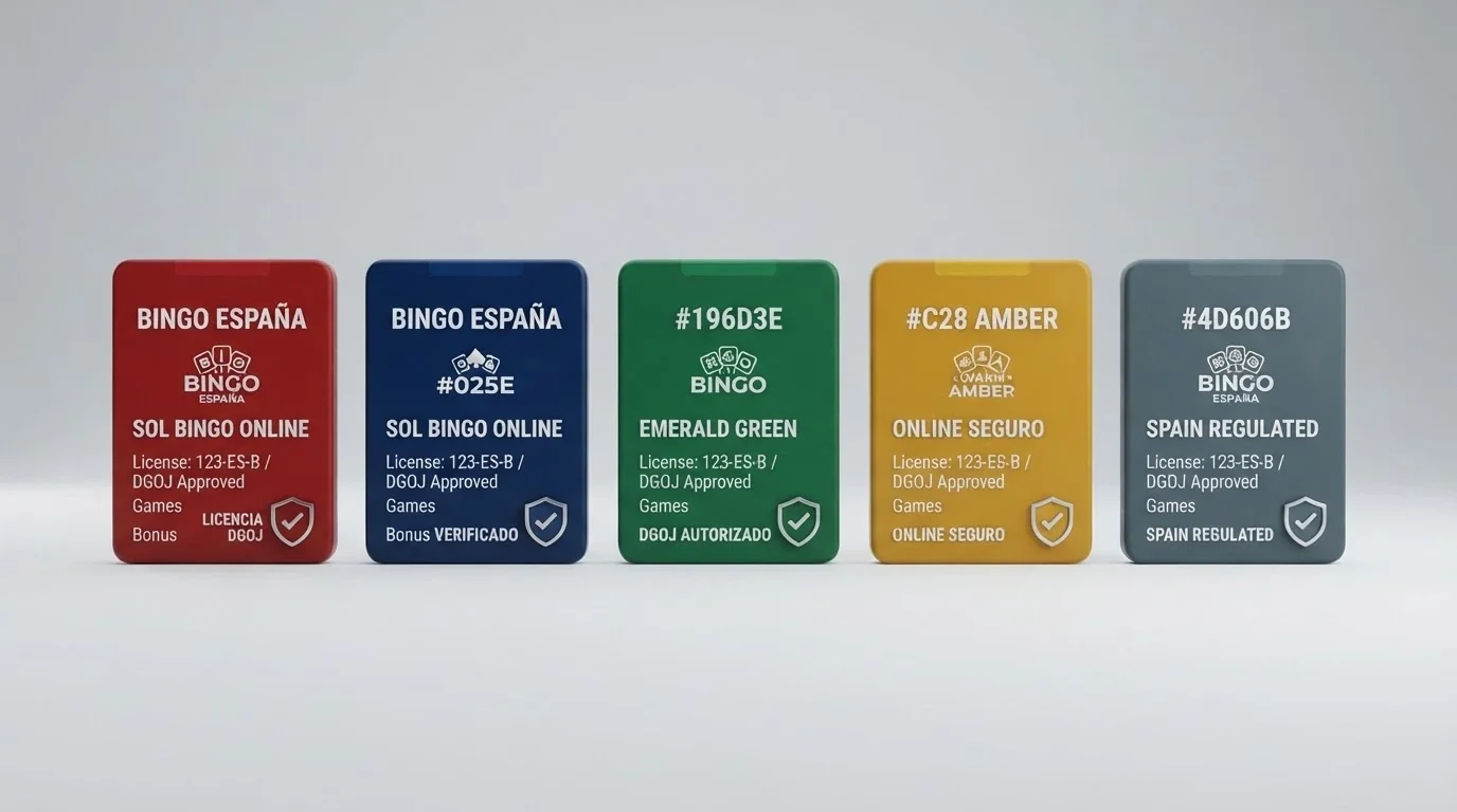 Fichas resumen de varios casinos online con el sello de licencia DGOJ visible junto al nombre de cada operador y una sala de bingo de fondo