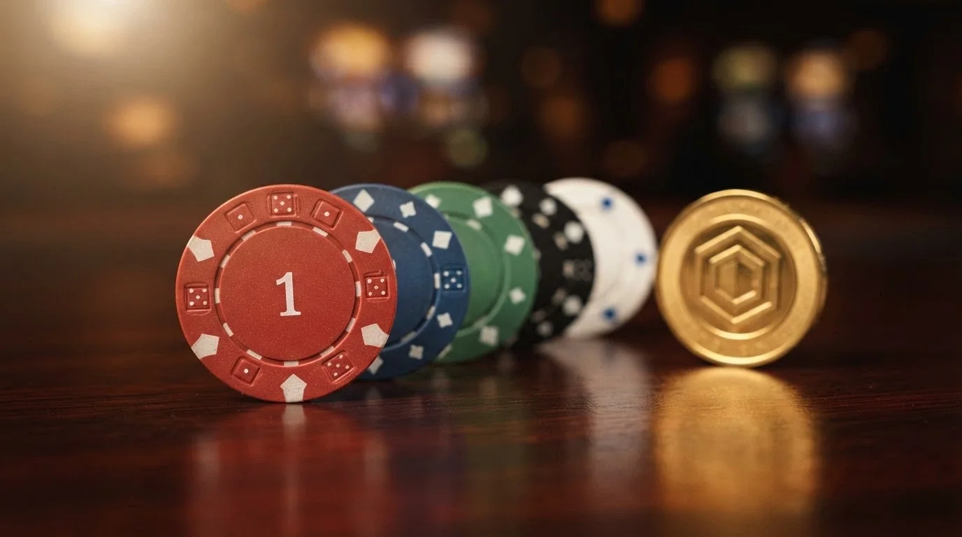 Fila de fichas de casino con el logo de BNB, ordenadas sobre un fondo de comparativa