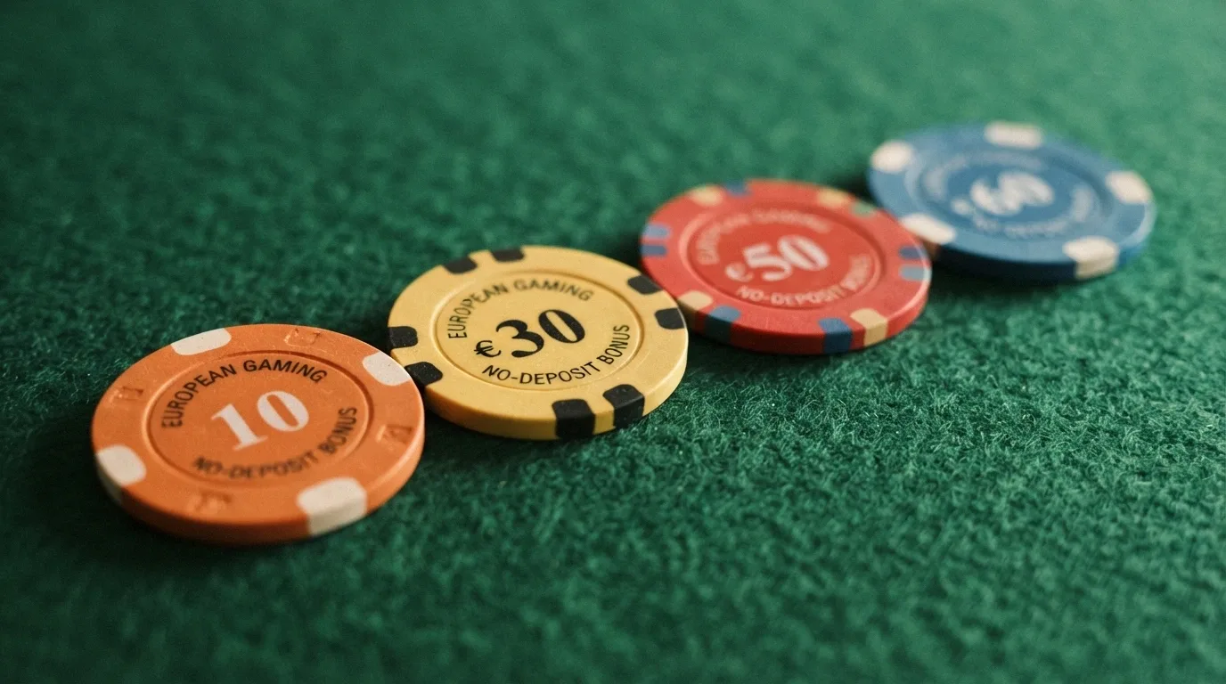 Varias fichas de casino online alineadas sobre una mesa, cada una con el importe de su bono sin depósito visible en la parte superior