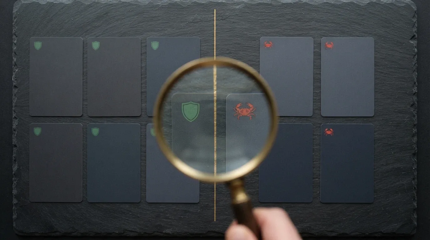 Una lupa sobre una lista de tarjetas de casino, seis con el sello de Juego Seguro y cuatro con un icono de cangrejo, separadas por una línea divisoria