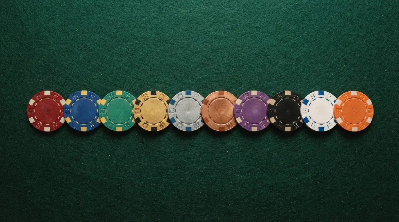 Una mesa de comparación visual con fichas de casino que llevan símbolos de criptomonedas en lugar de valores numéricos, ordenadas por tamaño