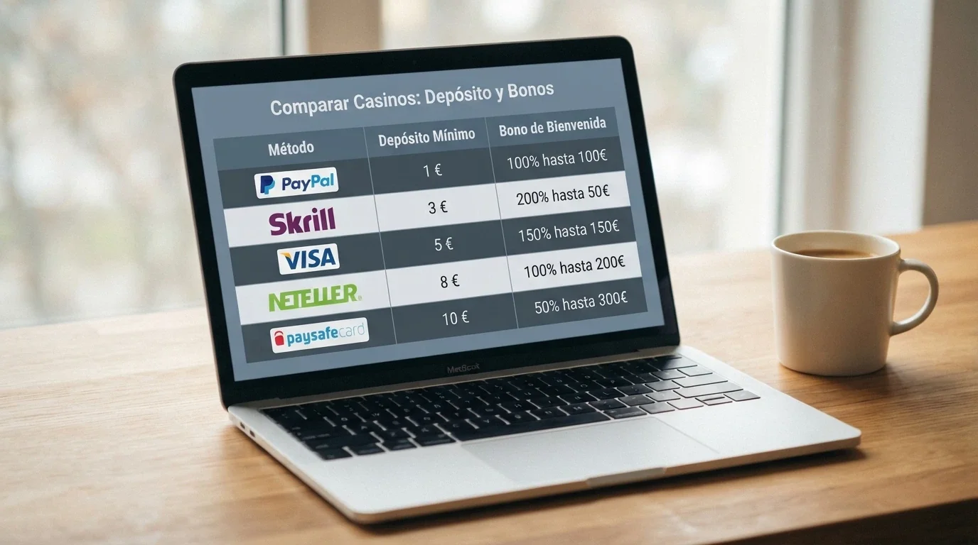Una tabla comparativa con columnas de operador, método de pago y depósito mínimo, con los logotipos de los métodos alineados