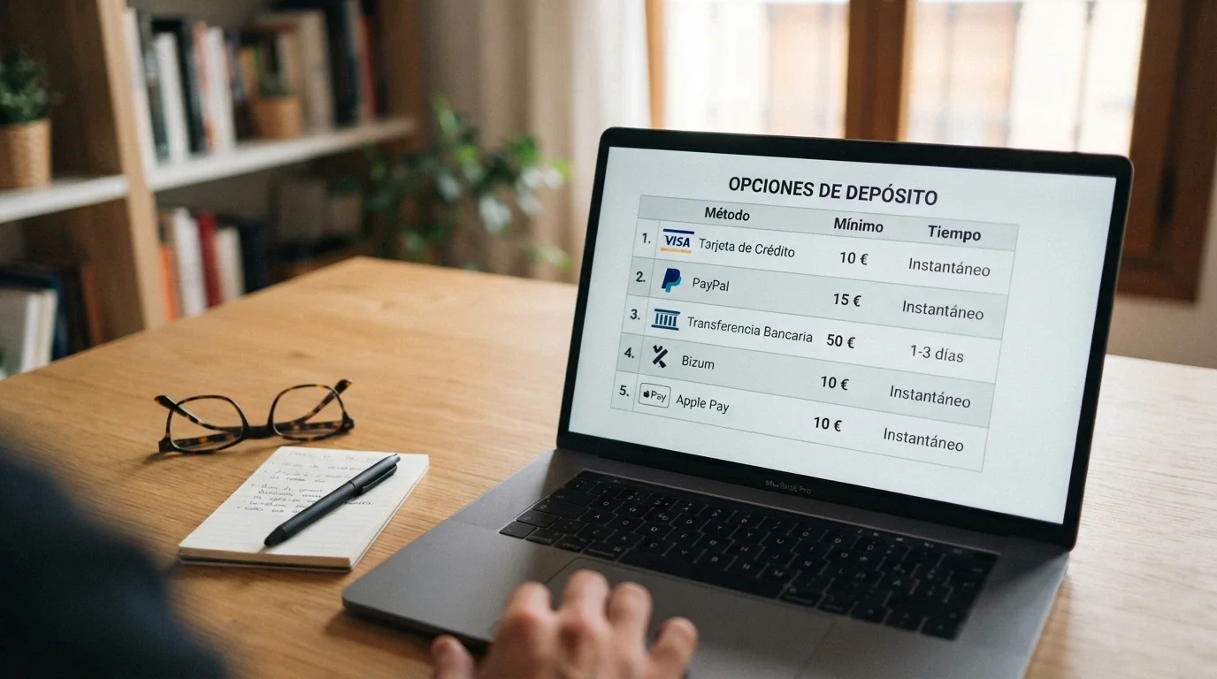 Pantalla dividida con las fichas de varios casinos online españoles ordenadas en una tabla comparativa con columnas de depósito mínimo y métodos
