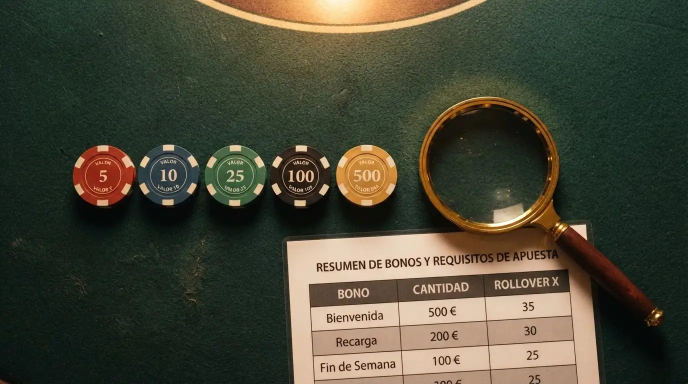 Una tabla comparativa sobre una mesa de juego con fichas de colores que representan distintas cantidades de giros, y una lupa sobre la columna del rollover