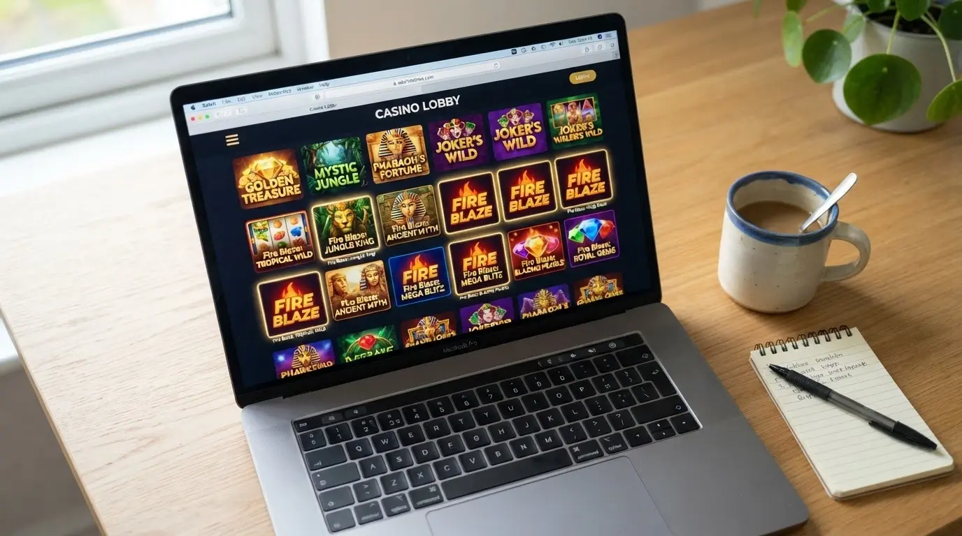 Captura de los lobbies de varios casinos online españoles mostrando títulos Fire Blaze en sus catálogos de tragaperras
