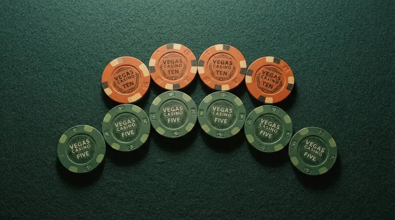 Vista cenital de una mesa con diez fichas de casino, seis verdes (sin depósito) y cuatro naranjas (con depósito), cada una con el nombre de un operador