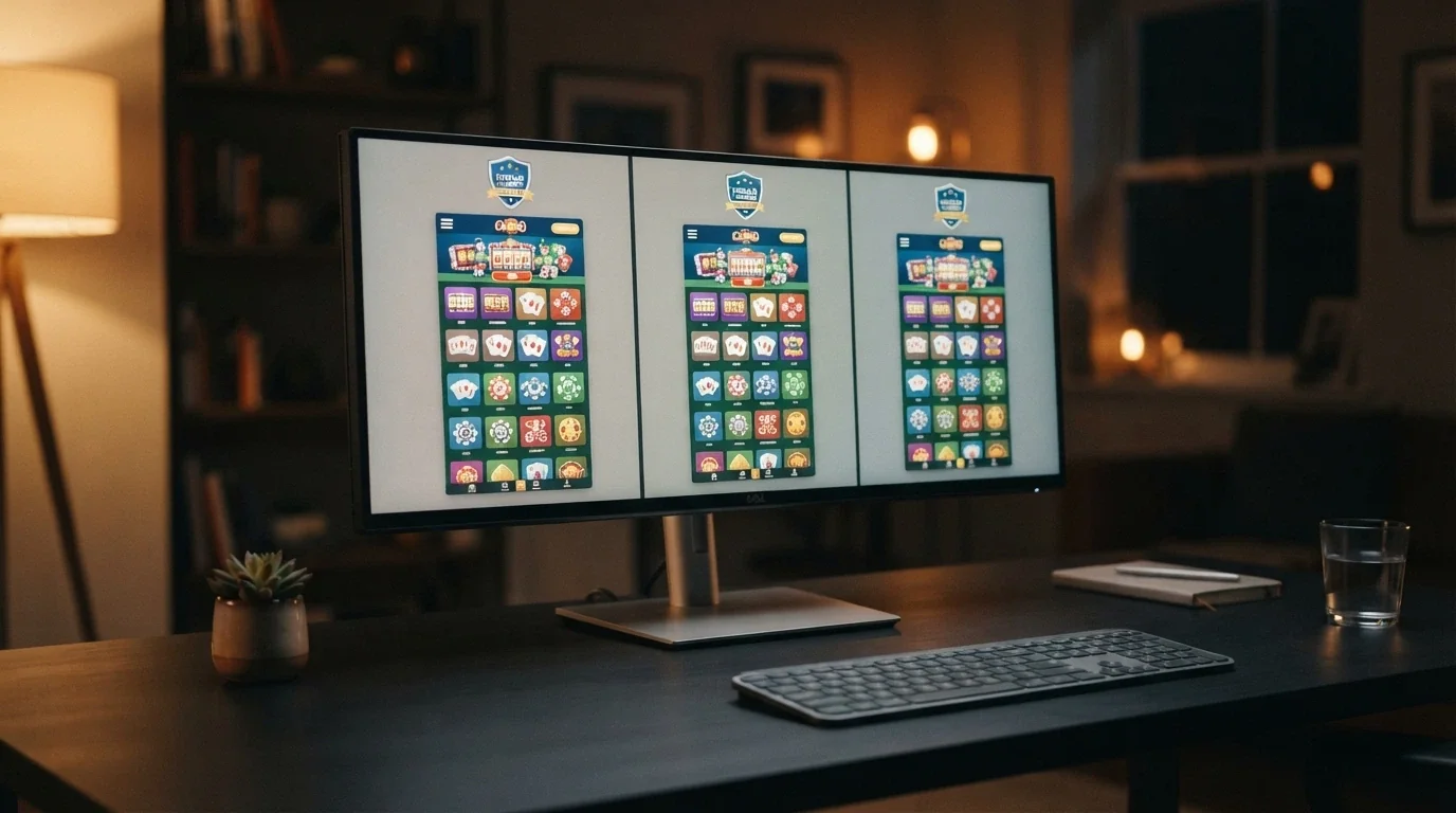 Pantalla dividida mostrando varios casinos online con sus respectivos bonos de bienvenida y logotipos de licencia
