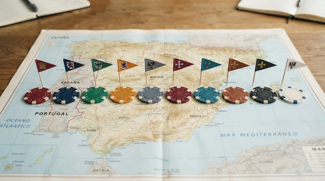 Una fila de 10 fichas de casino con sus logotipos y las banderas de sus jurisdicciones de licencia (Curaçao, Anjouan, Costa Rica) alineadas sobre un mapa de España