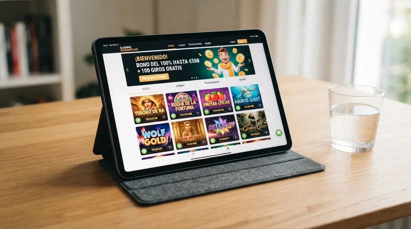 Tableta mostrando una tabla comparativa de casinos online con sus ofertas de tiradas gratis para nuevos jugadores