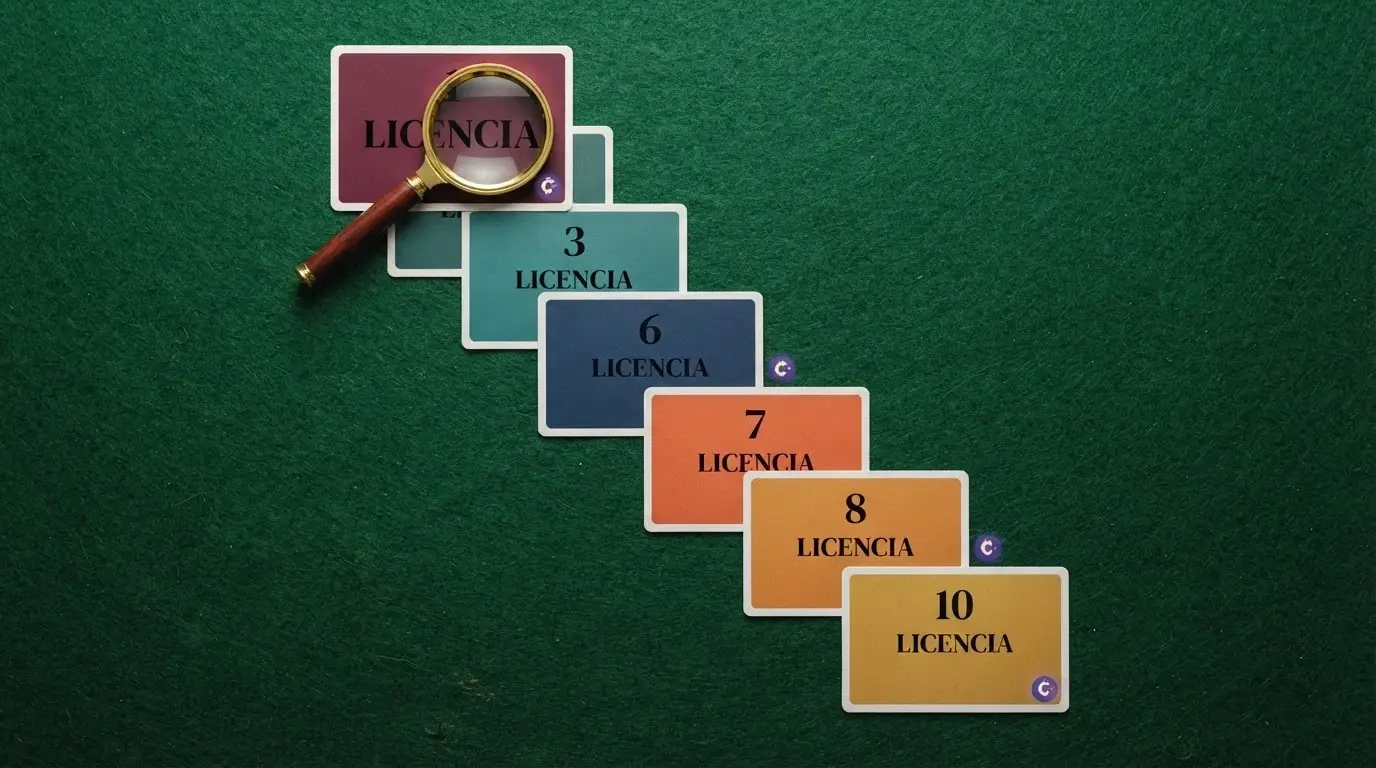 Diez tarjetas de casino dispuestas en ranking con el símbolo de TRX en cada una y una lupa sobre la palabra licencia