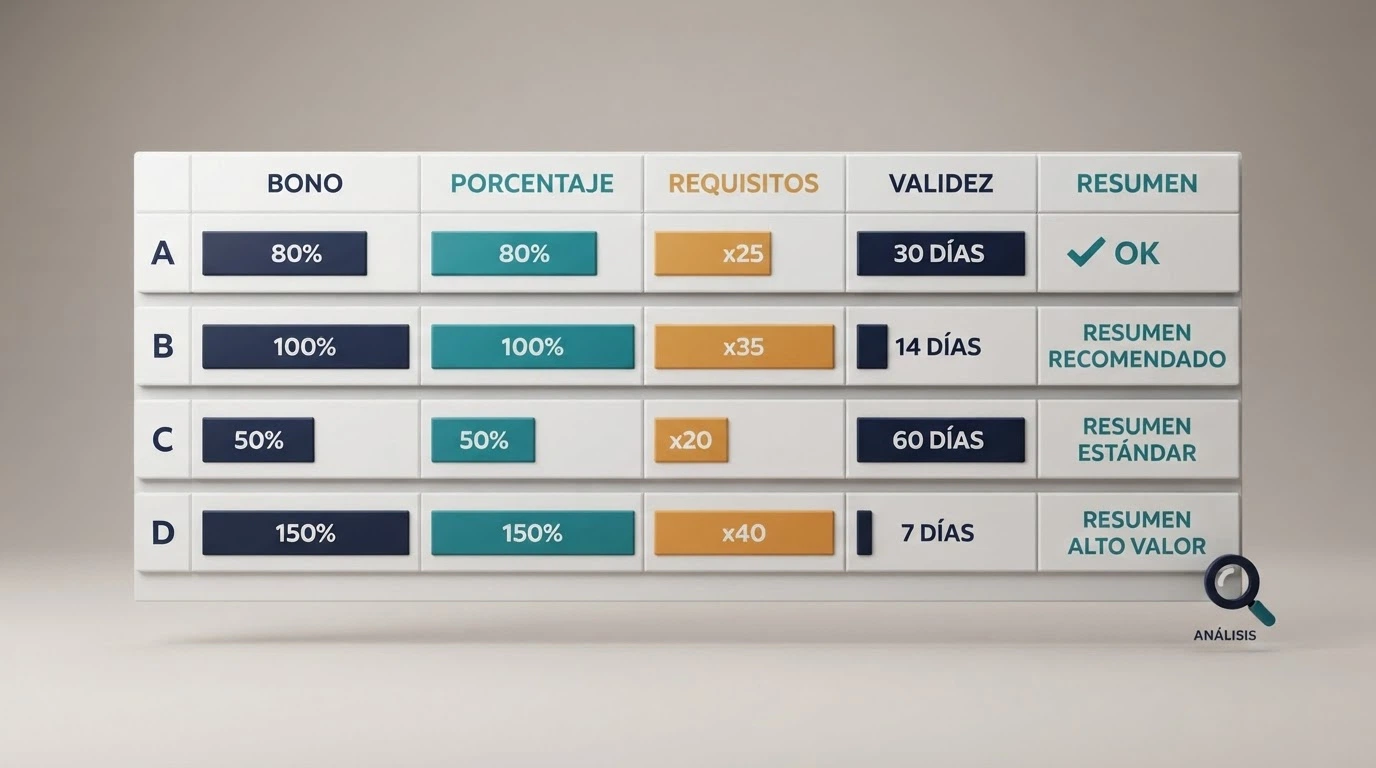 Tabla con columnas de comparación entre operadores resaltando diferencias en bonos, apuesta y vigencia