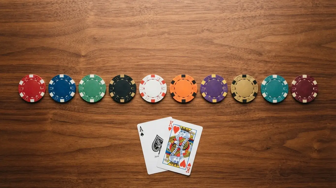 Vista cenital de un escritorio con diez fichas de casino alineadas, cada una con el logotipo de un operador DGOJ distinto, como cartas de una baraja extendidas para su comparación