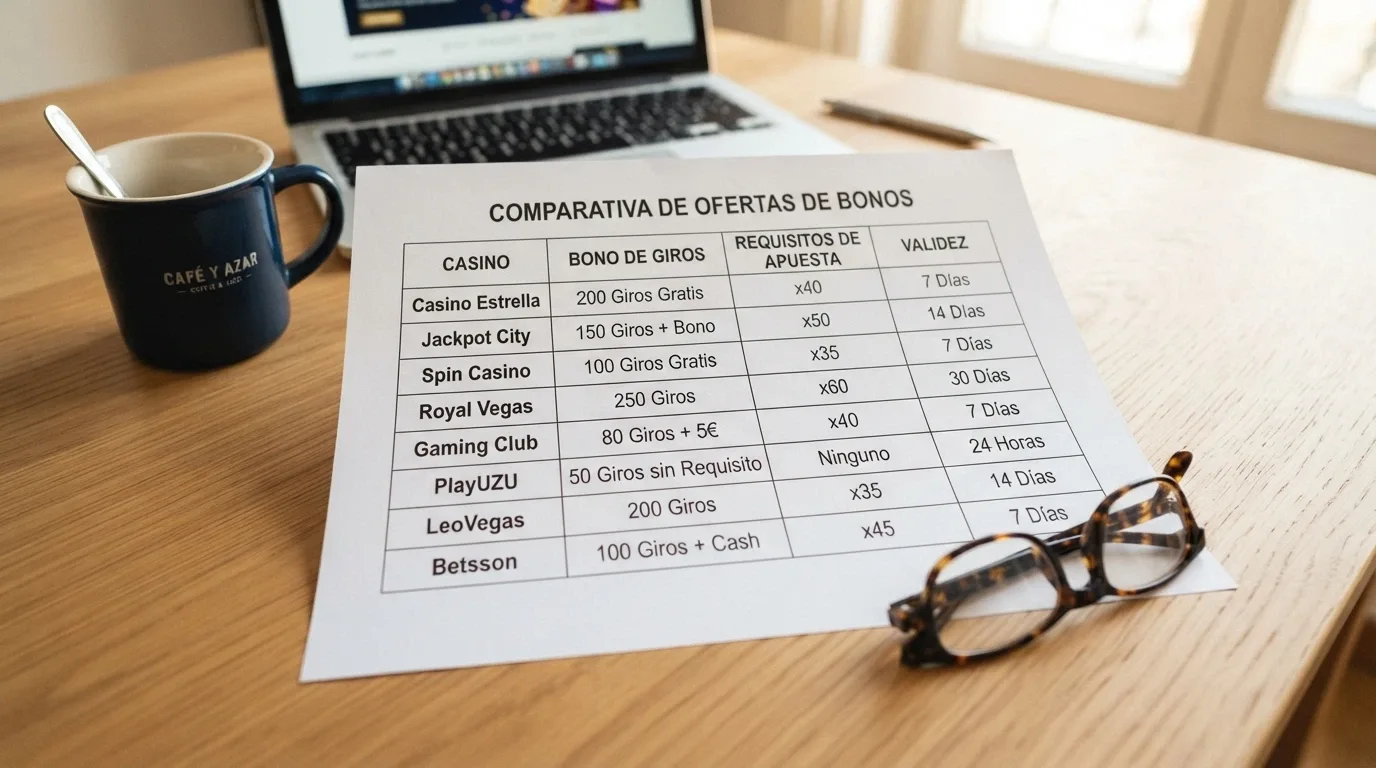 Vista comparativa de las fichas de varios operadores de casino online con sus respectivas ofertas de tiradas gratis