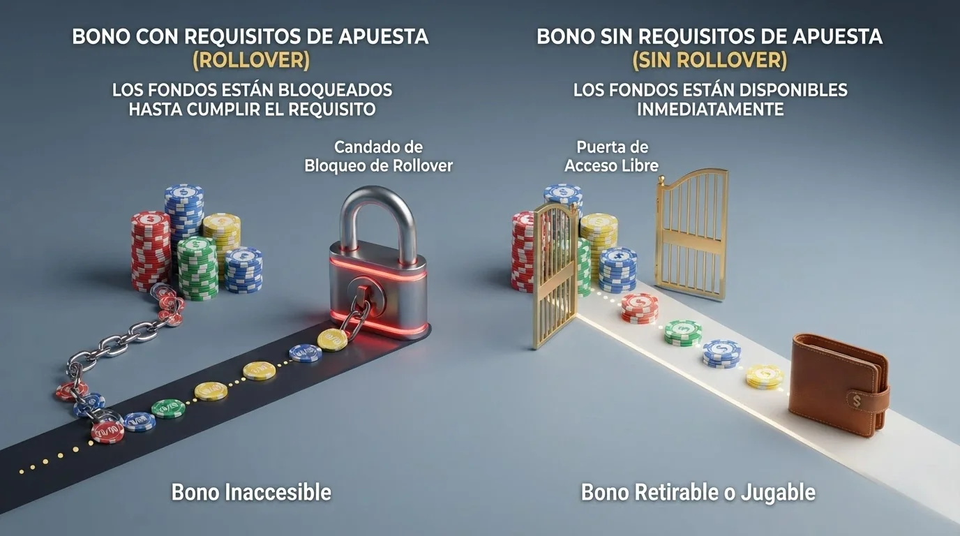 Infografía comparativa: el camino del dinero en un bono con rollover (bloqueado hasta apostar N veces) frente a un bono sin rollover (retirable directamente)