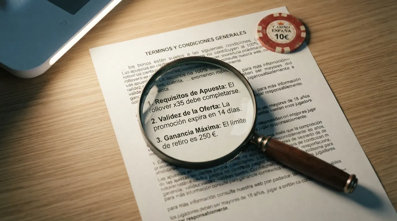 Una lupa sobre la letra pequeña de unos términos y condiciones de bono de casino, con las cifras de rollover, validez y ganancia máxima resaltadas