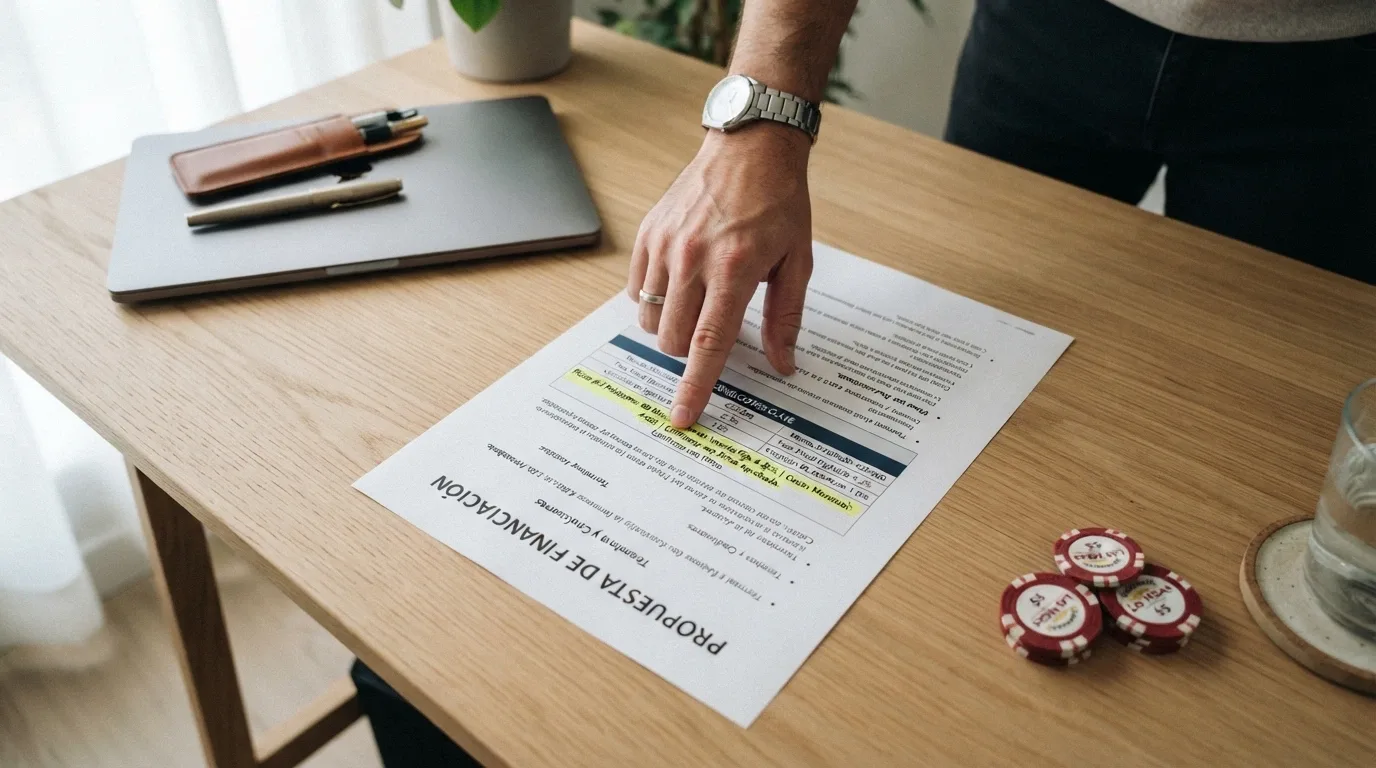 Primer plano de las condiciones de un bono de bienvenida con el porcentaje de bonificación y los requisitos de apuesta