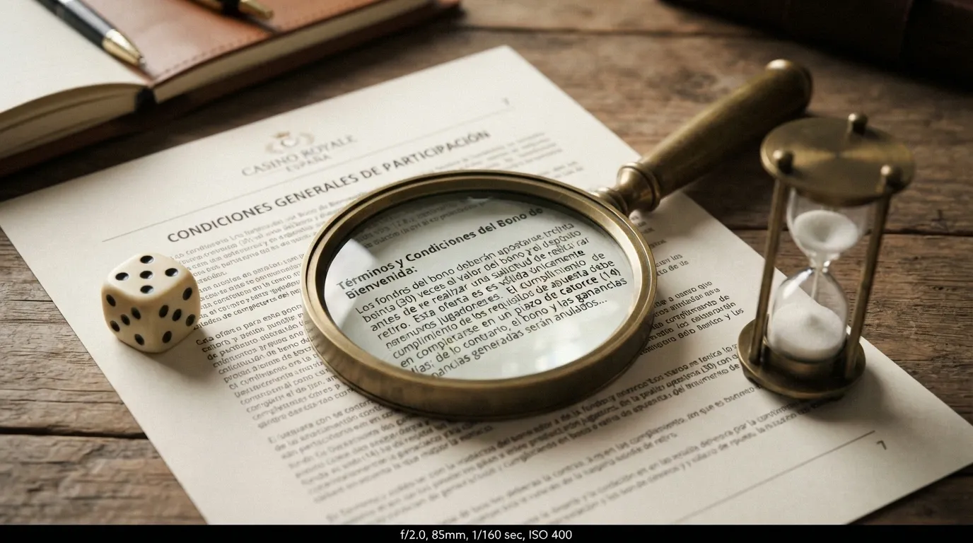Primer plano de una lupa sobre la letra pequeña de un contrato, con un icono de dado y un reloj de arena al lado
