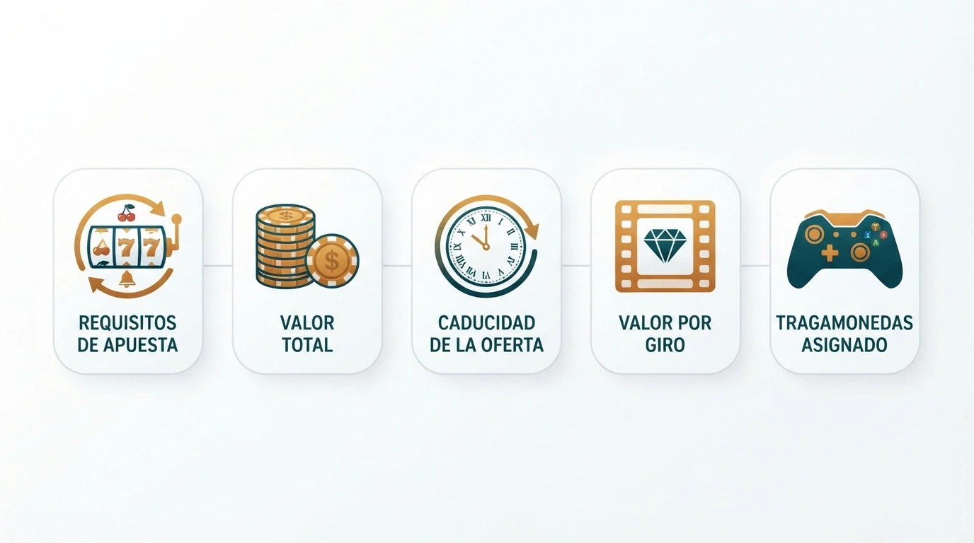 Infografía con los cinco elementos que determinan el valor de unas tiradas gratis: rollover, tope de ganancias, caducidad, valor por tirada y slot asignado