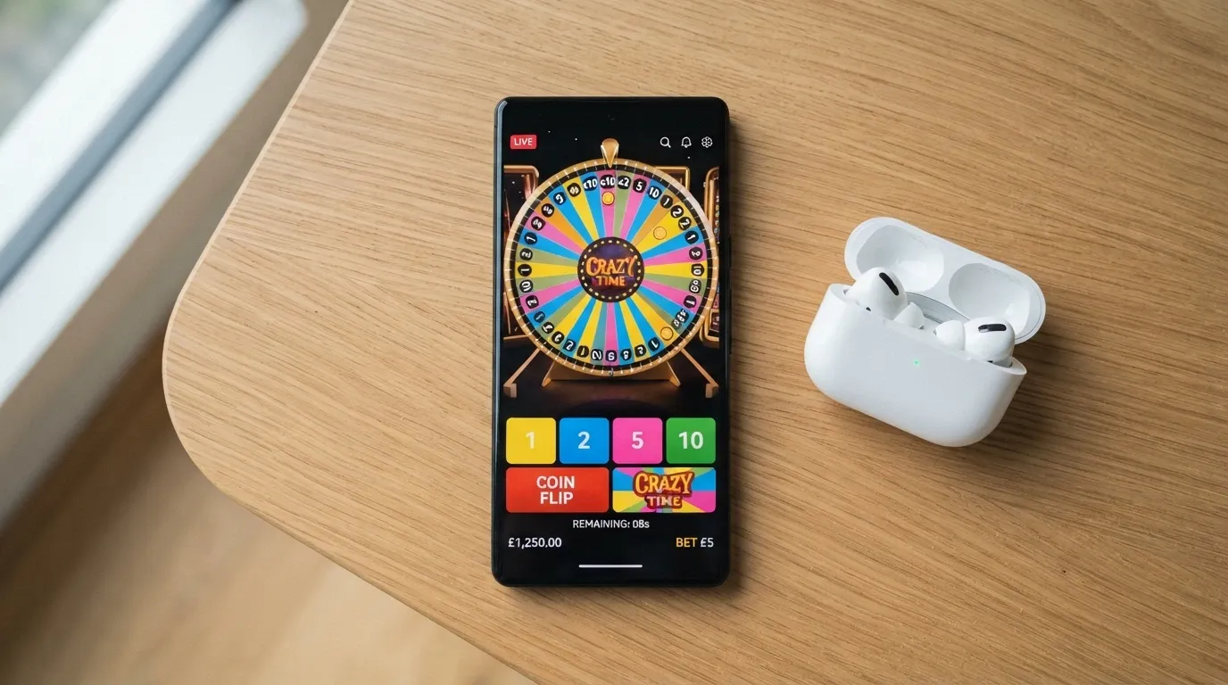 Un teléfono móvil mostrando la interfaz de Crazy Time en formato vertical con la rueda y los botones de apuesta adaptados a la pantalla