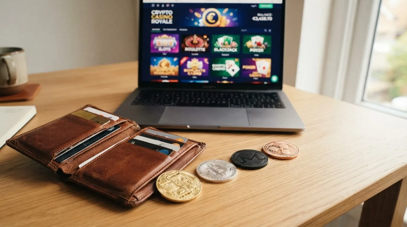 Un monedero físico abierto del que salen símbolos de Bitcoin, Ethereum, USDT y Monero hacia la pantalla de un casino online