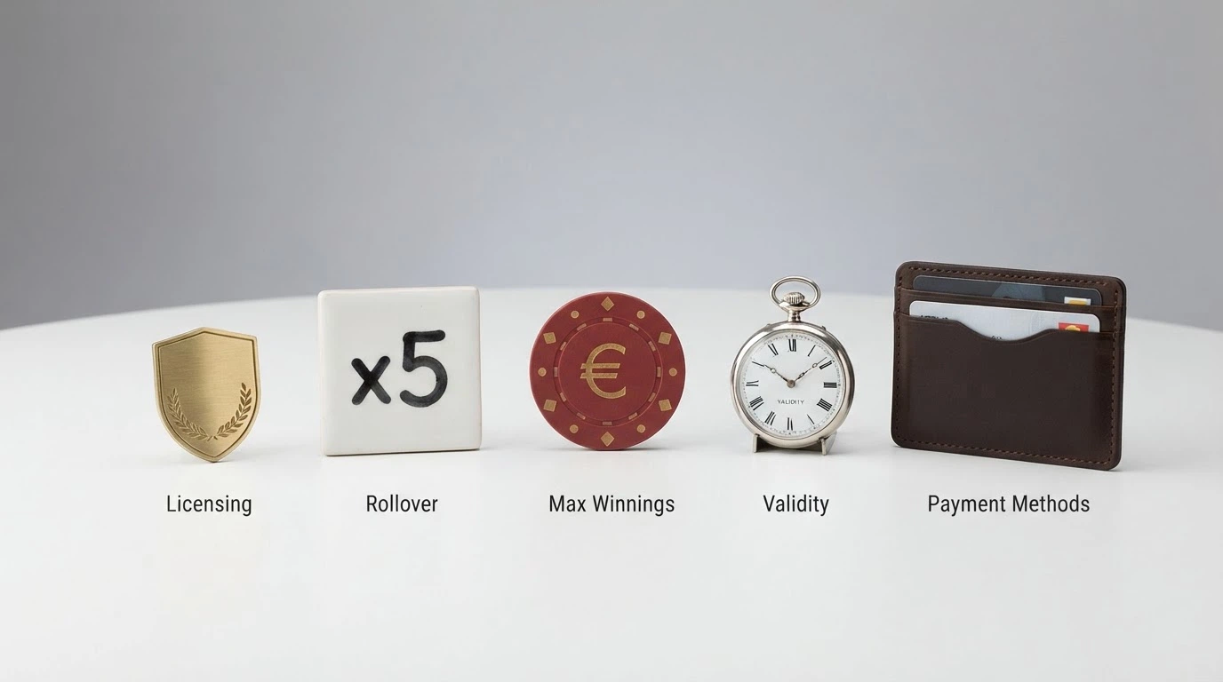 Cinco iconos en fila representando cada criterio: escudo DGOJ (licencia), multiplicador x5 (rollover), candado con cifra (ganancia máxima), reloj (validez) y monedero digital (método de pago)