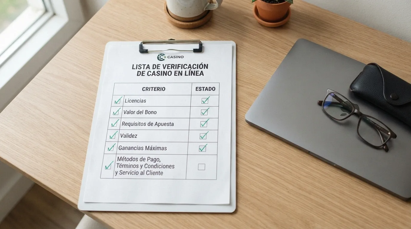 Lista de comprobación con los criterios utilizados para evaluar y comparar operadores de casino online en España