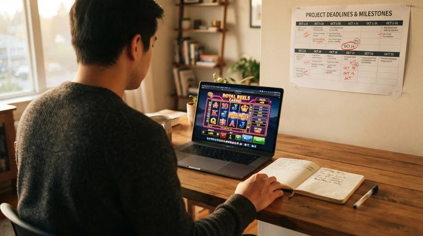 Persona frente a un portátil consultando la ficha de un casino online, con una libreta de apuntes al lado y un calendario con la fecha de cumpleaños marcada