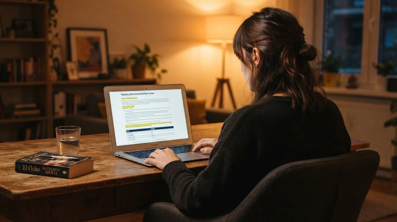 Un jugador frente a la pantalla de un ordenador portátil revisando las condiciones de un bono en la web de un casino