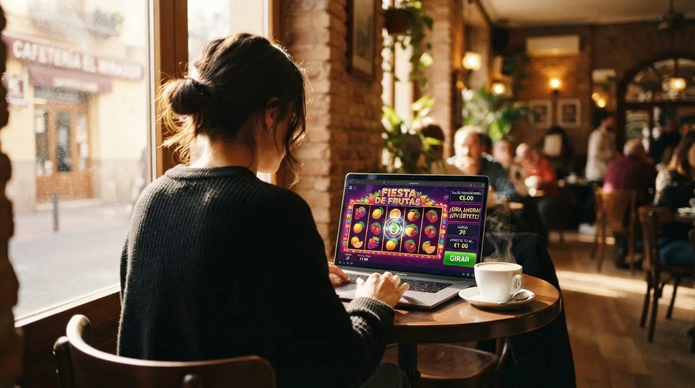 Jugador consultando ofertas de casino en un portátil, con un café al lado, en actitud de decisión