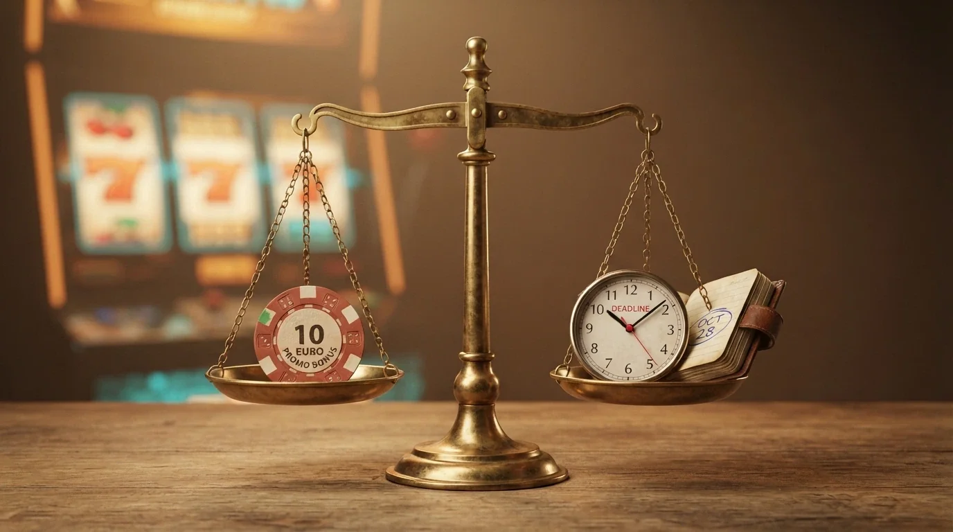 Una balanza con 10€ en un platillo y un reloj con un calendario en el otro, sobre un fondo de pantalla de slots