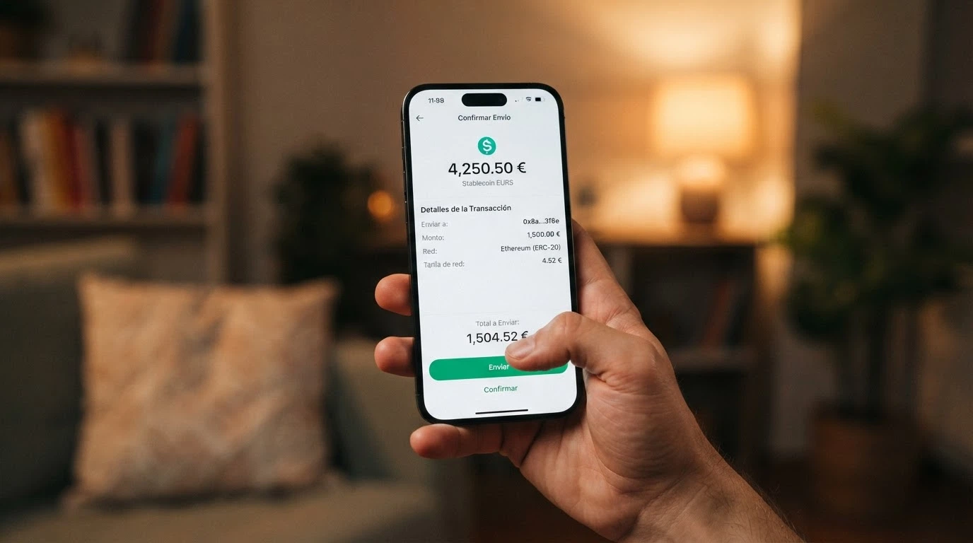 Una mano sosteniendo un teléfono con una wallet de USDC abierta, con el pulgar sobre el botón de enviar, en pausa