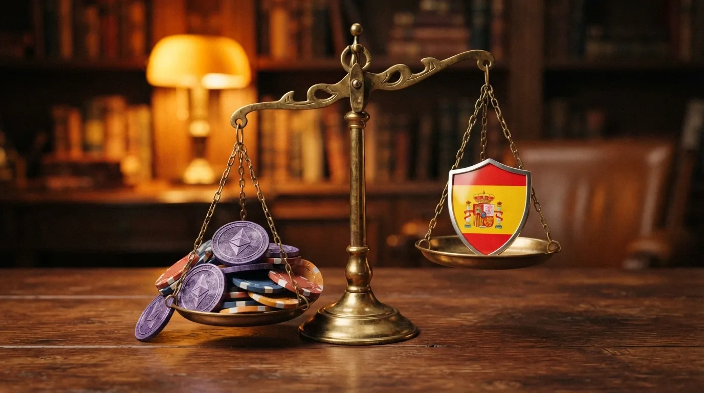 Una balanza con monedas TRX en un platillo y un escudo con la bandera de España en el otro, ligeramente inclinada hacia las monedas