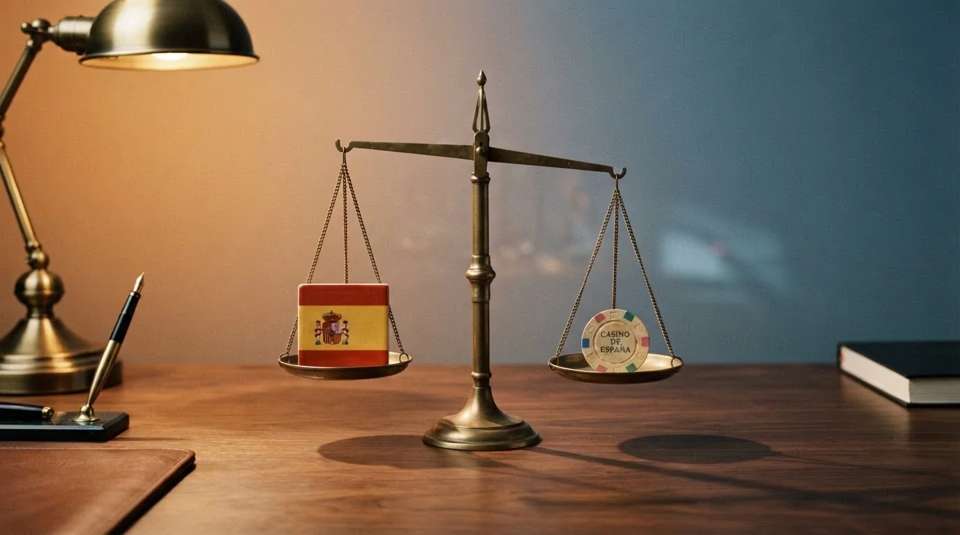Una balanza con la bandera de España a un lado y un icono de casino offshore al otro, en equilibrio inestable