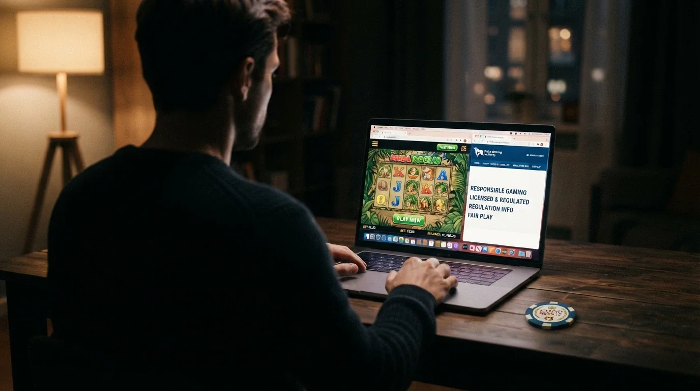 Mano sobre el ratón de un ordenador con dos ventanas abiertas: una de un casino online y otra del sitio de la DGOJ sobre juego responsable