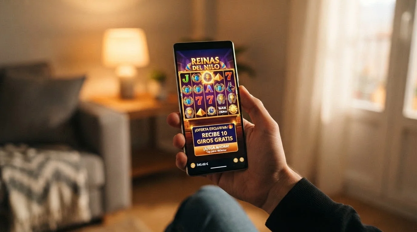 Primer plano de las manos de un jugador sosteniendo un móvil con la pantalla de un casino abierta, en un entorno doméstico neutro