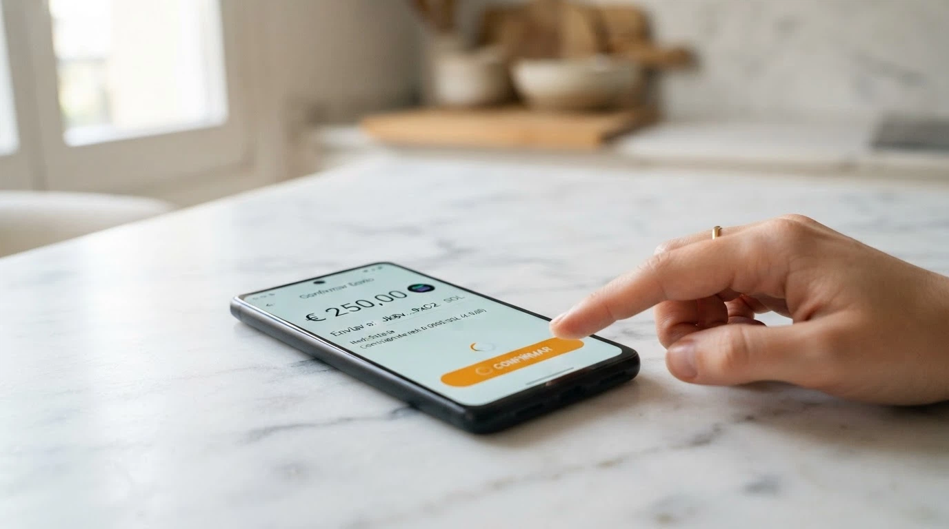 Cartera digital de criptomonedas en un teléfono mostrando una transacción de Bitcoin Cash con el importe y la dirección de destino visibles