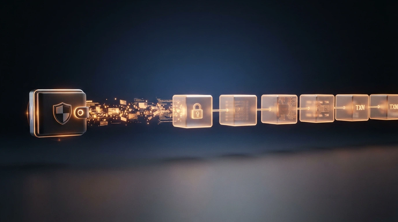 Representación visual de una transferencia BNB en la BNB Smart Chain: monedero enviando fondos, bloques confirmándose en la cadena