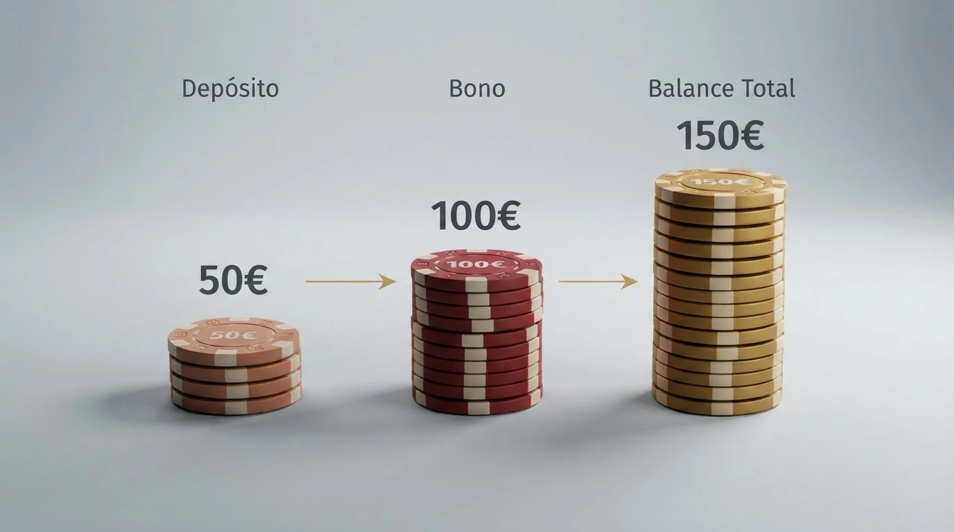 Representación visual de la fórmula depósito + bono del 200% = saldo total, con cifras de 50€, 100€ y 150€
