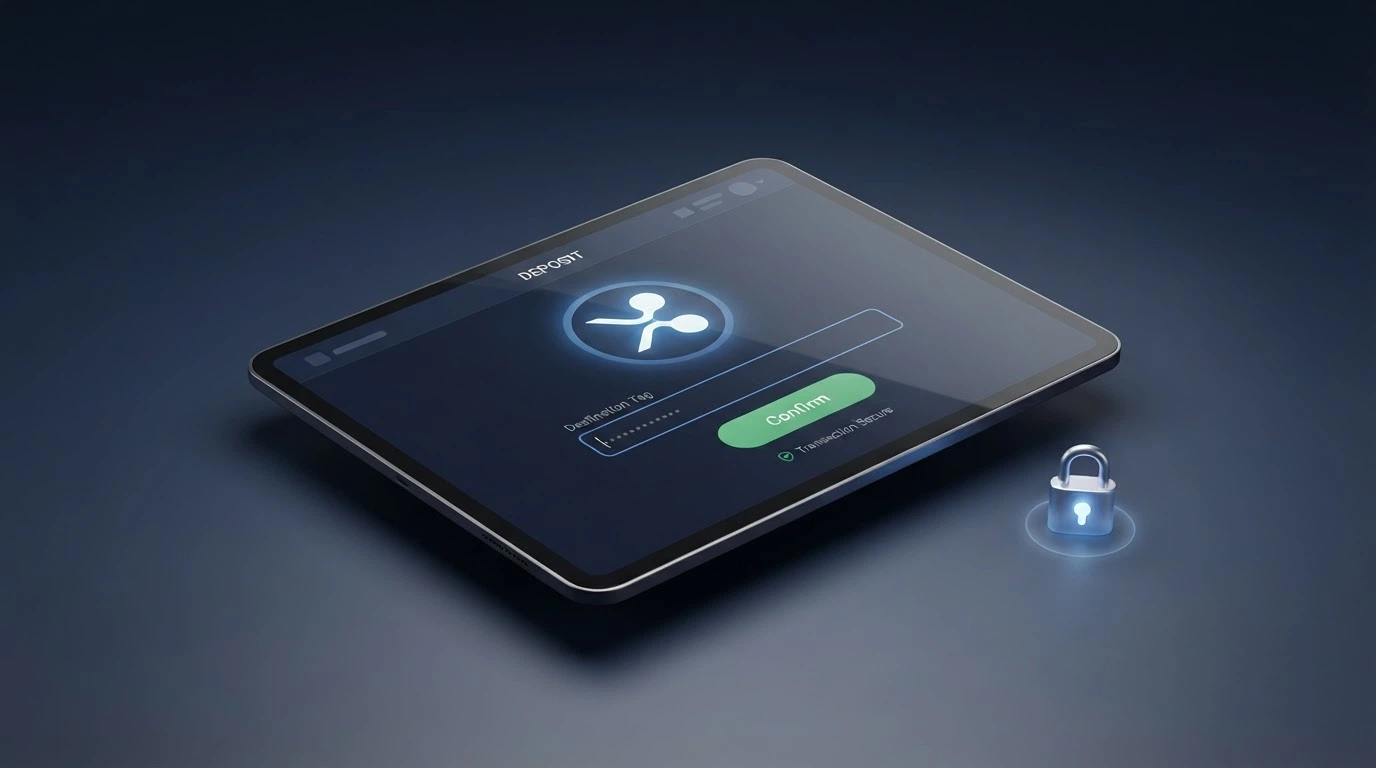 Interfaz de depósito de un casino online que muestra XRP como opción de pago, con un campo para introducir el destination tag