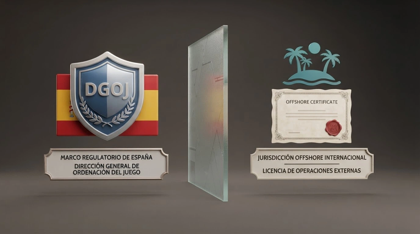 Representación visual de dos marcos regulatorios separados: el dominio .es con el escudo de la DGOJ frente a un certificado de licencia Anjouan
