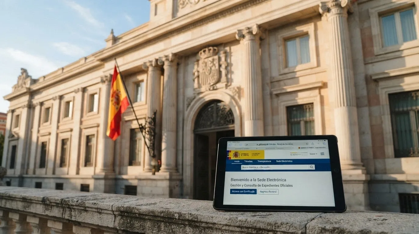Fachada del Ministerio de Derechos Sociales, Consumo y Agenda 2030 con el escudo oficial y la bandera de España, junto a una tableta mostrando la sede electrónica de la DGOJ