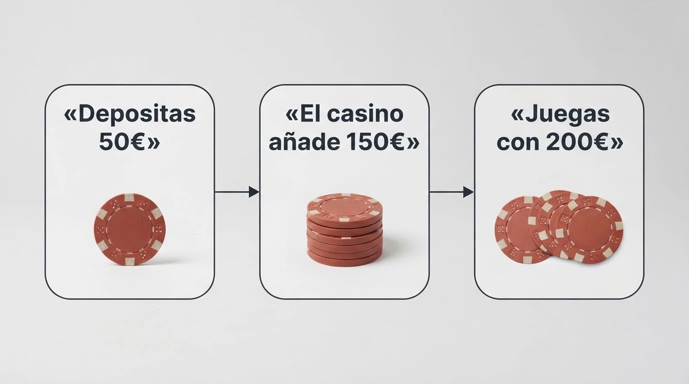 Infografía simple con tres columnas: «Depositas 50€» → «El casino añade 150€» → «Juegas con 200€», con billetes de euro ilustrados en cada paso