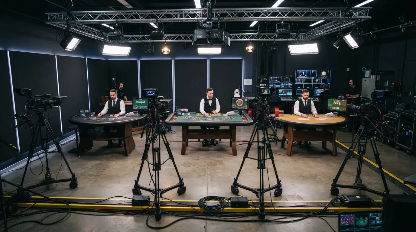 Sala de estudio de casino en vivo con varias mesas, cámaras y equipo de retransmisión en funcionamiento