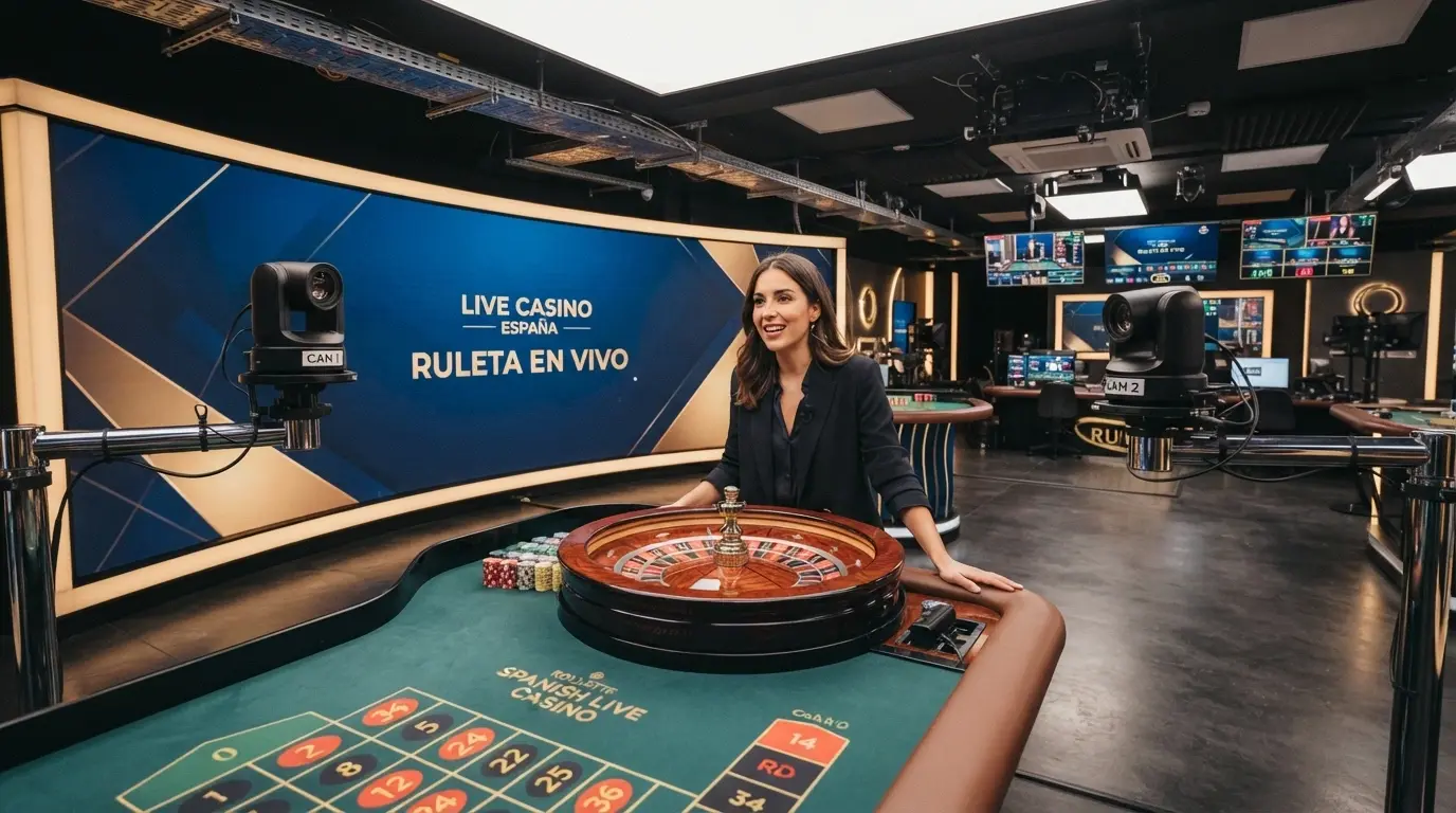 Fachada o interior del estudio de Evolution Gaming en Murcia con un presentador nativo hispanohablante en una mesa de ruleta