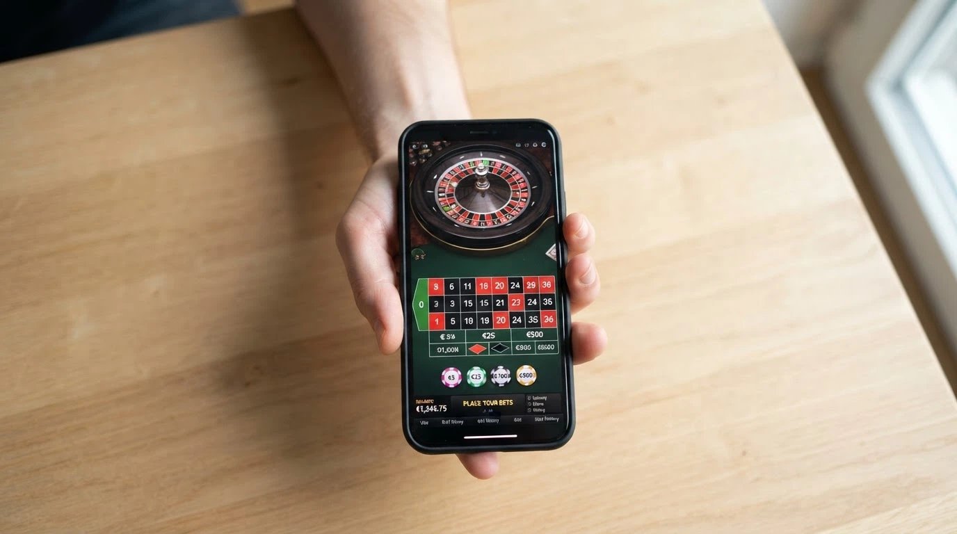 Mano sujetando un teléfono móvil con una mesa de ruleta en vivo de Evolution Gaming en la pantalla